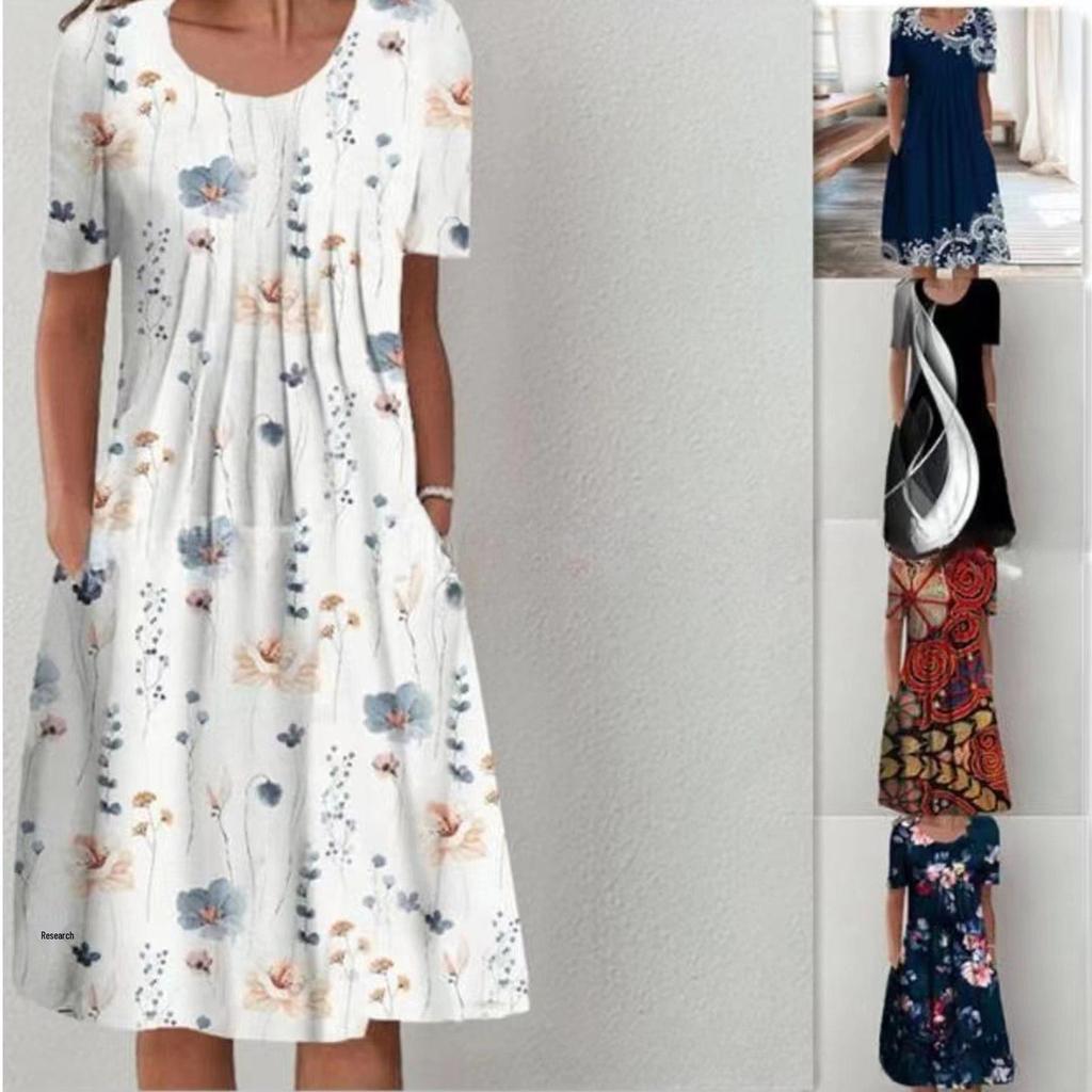 2023 Women's Plus Size Maxi Dress - New Fashion Print, Round Neck, Short Sleeve