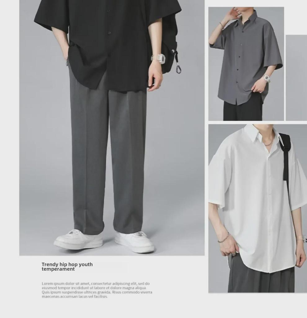 Men's Black Ice Silk Loose-Fit Short-Sleeve Shirt, Korean Style, Casual Summer Wear