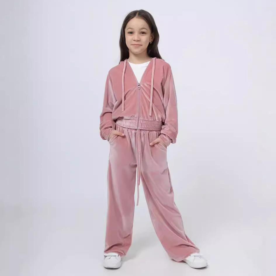 2026 Fall Winter Girls Velour Track Suit 2 Piece Set Casual Hoodie Sweatshirt Kids Warm Athletic Outfit