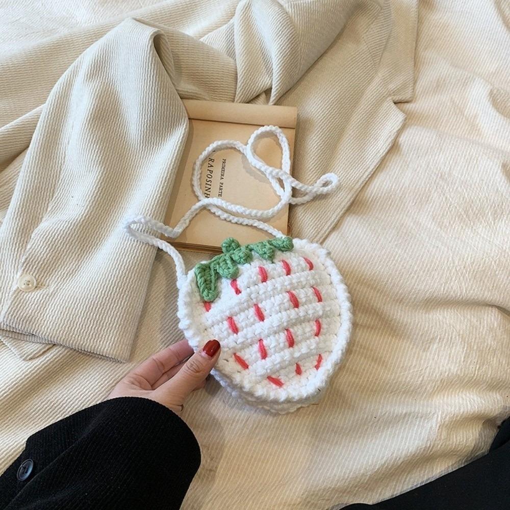 Cute Handmade Strawberry Crossbody Bag Two-Tone Woven Design Crochet Woven Bag Mini Size Crochet Yarn Women's Bag for Women