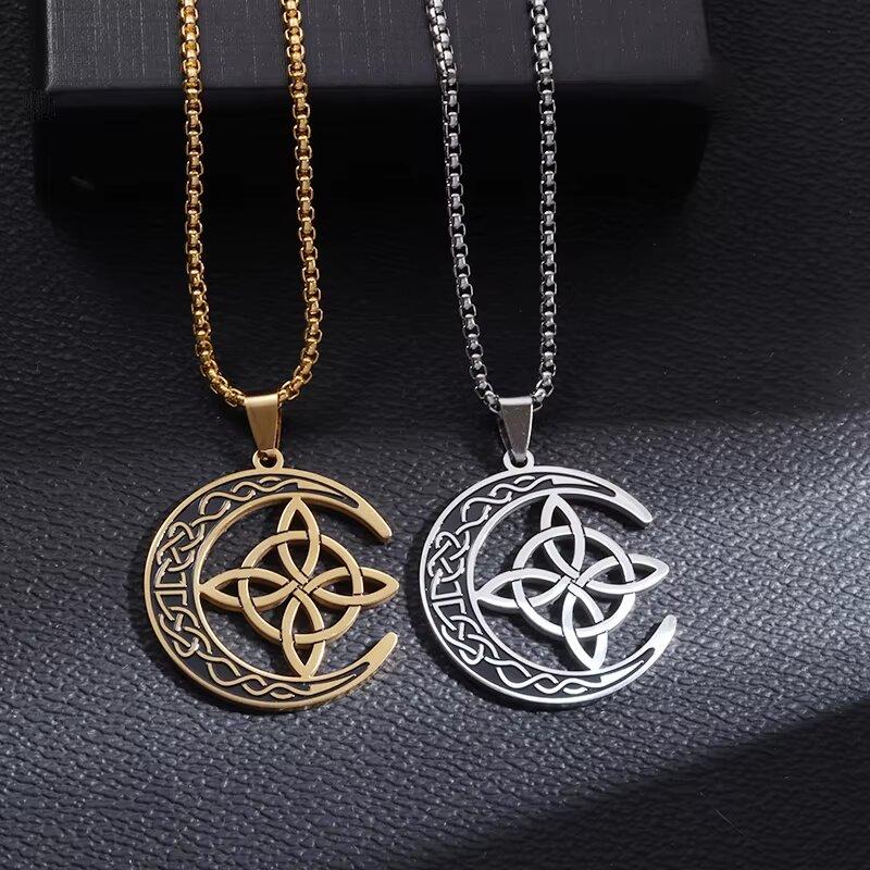 Good Luck Celtic Irish Knot Necklace Stainless Steel Witch Moon Amulet Protection Jewelry Women Fashion Necklace
