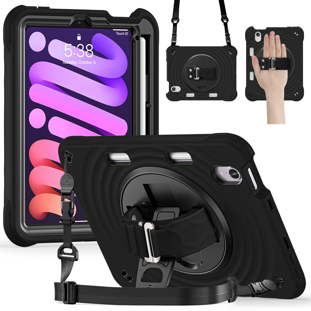 For iPad mini (2024)/(2021) Case with Shoulder Strap Kickstand PC + Silicone + TPU Tablet Cover