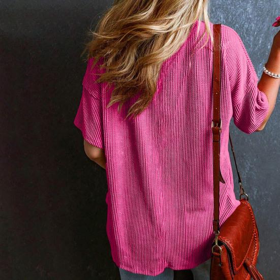 Women T-shirt V-Neck Short Sleeve T-Shirt with Pocket Trim Solid Color Casual Loose Tops Everyday Wear