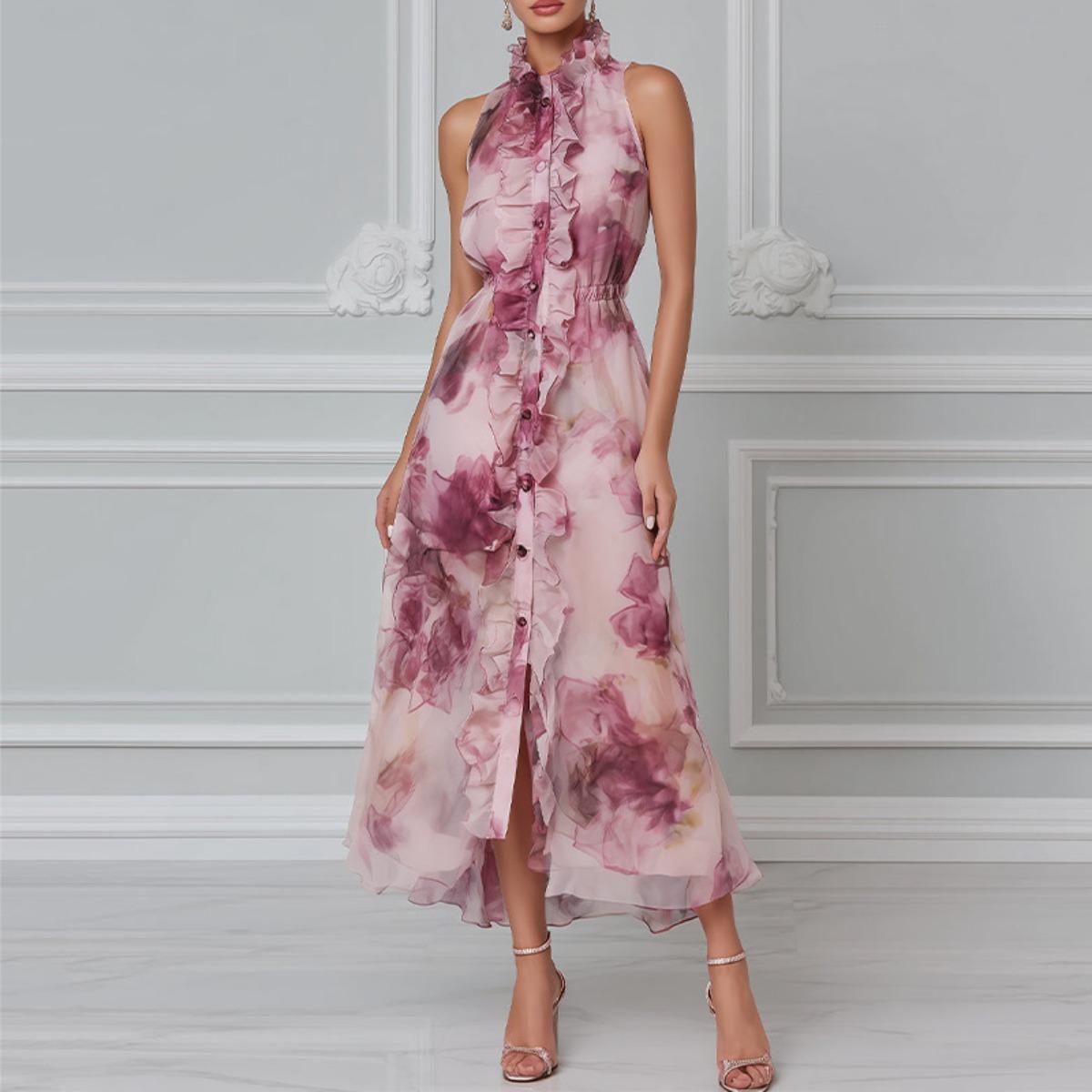 

Spring New Arrival Women s Dress, Elegant Fashion Printed Ruffled Trim Sleeveless Dress for Women, European American Style Casual Party Dress 3XL фіолетовий