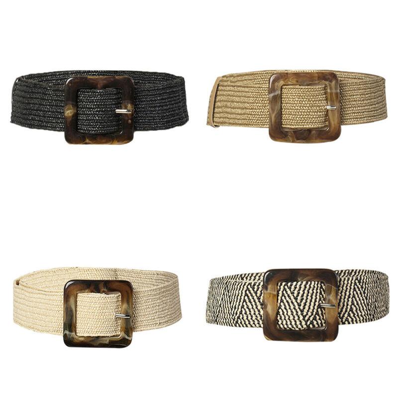 Women Belt Straw Casual Ultra Wide Belt Female Woven Vintage Carved Wood Buckle Elastic Belt Decoration Dress Shirt Waist Seal