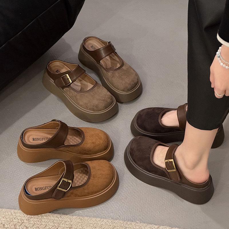 Height-increasing thick-soled belt decorative slippers women's 2025 autumn new Japanese retro versatile one-pedal bag head half-tow