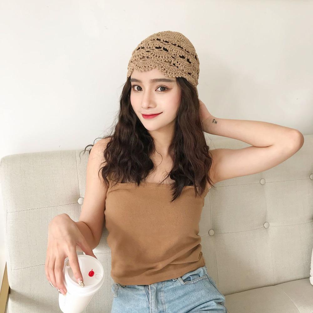 Retro Handmade Flower Crochet Hat Casual Melon Leather Mesh Cap Hand-crocheted Pullover Hat Female