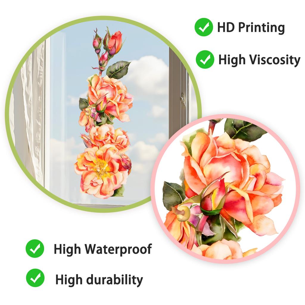 Watercolor Orange Rose Static Cling Wall Sticker for Living Room Balcony Entryway Home Decor