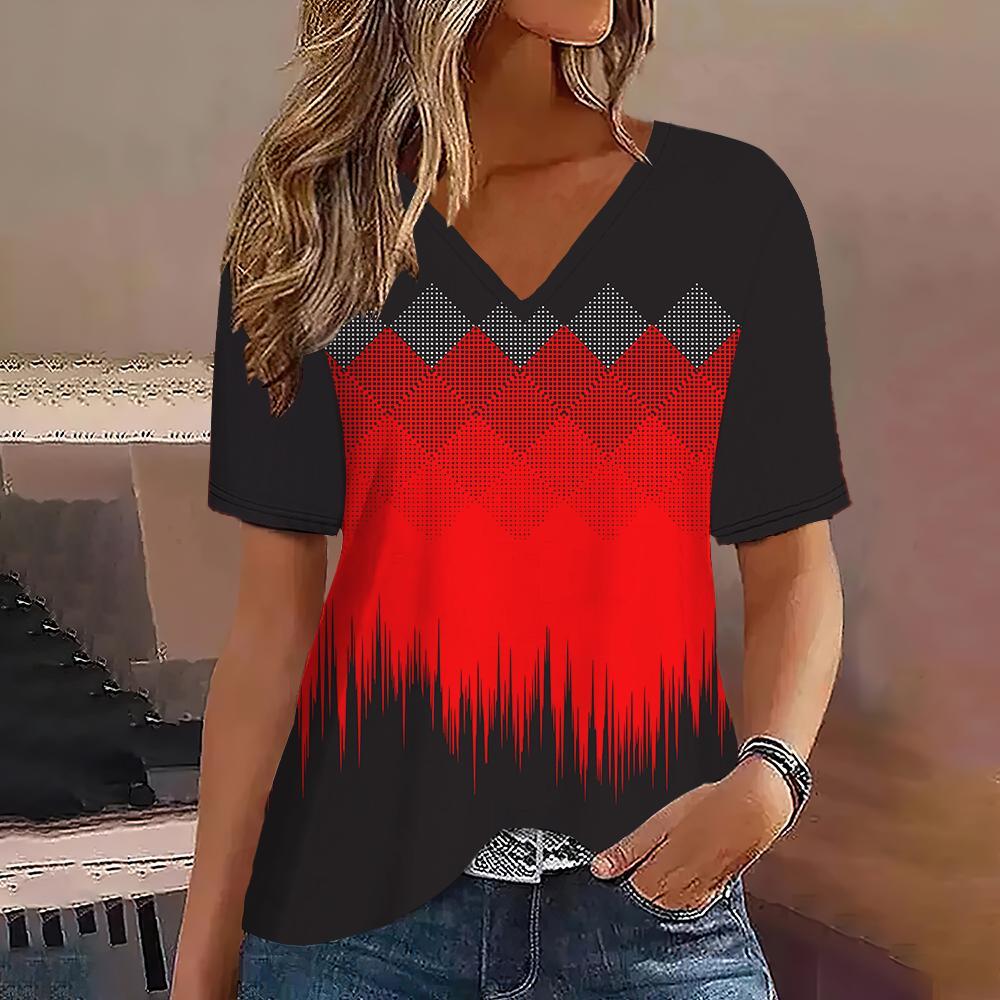 Women's T-shirt Summer V-neck Short-sleeved Striped Graphic Printing Outdoor Casual Pullover Women's T-shirt