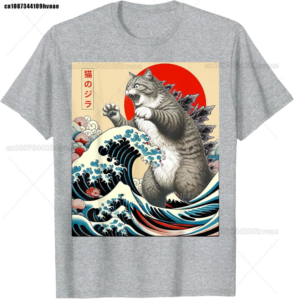 Catzilla Cat Japanese Art Funny Cat Gifts T-Shirt Top Tees Cotton High Quality Unisex Hip Hop TShirt Punk Gothic Graphic Breathable