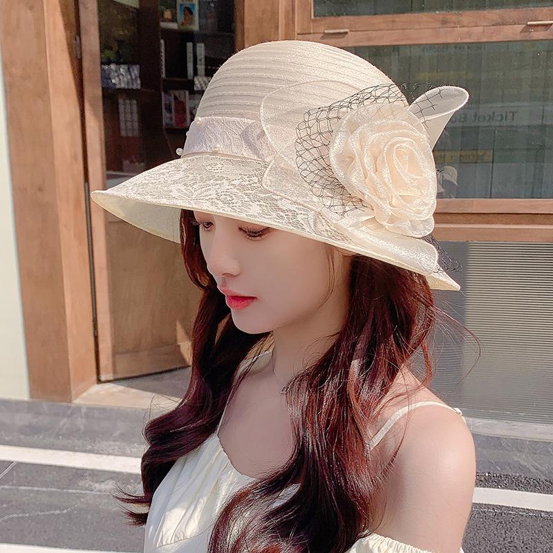 2025 New Summer Wide Brim Organza Sun Hats For Women Elegant Flower Floppy Travel Beach Hat Kentucky Derby Wedding Church Hats