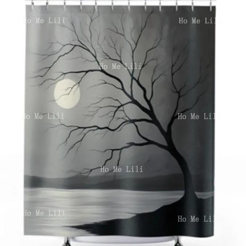 

Black And Gray Curtains Digital Vector Art Of Tree Silhouette Against Moonlit Lake Background Fits Standard Shower Bathtubs W60H190(CM)-1 Pcs