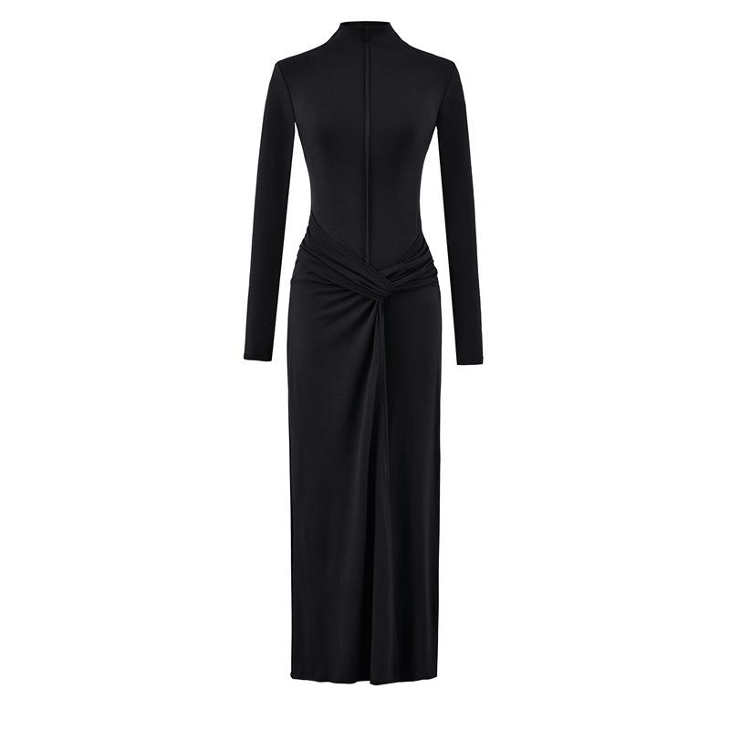 Elegant High-Neck Long-Sleeve Dress for Women, Autumn/Winter, Waist-Cinching, Hip-Hugging with Twisted Design