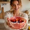 Decorative Fruit Display Dish Ceramic Berry Bowl, Self Rinsing with Drainage Hole Washing Flower Shaped Basket Glazed Bowl for Kitchen Countertop