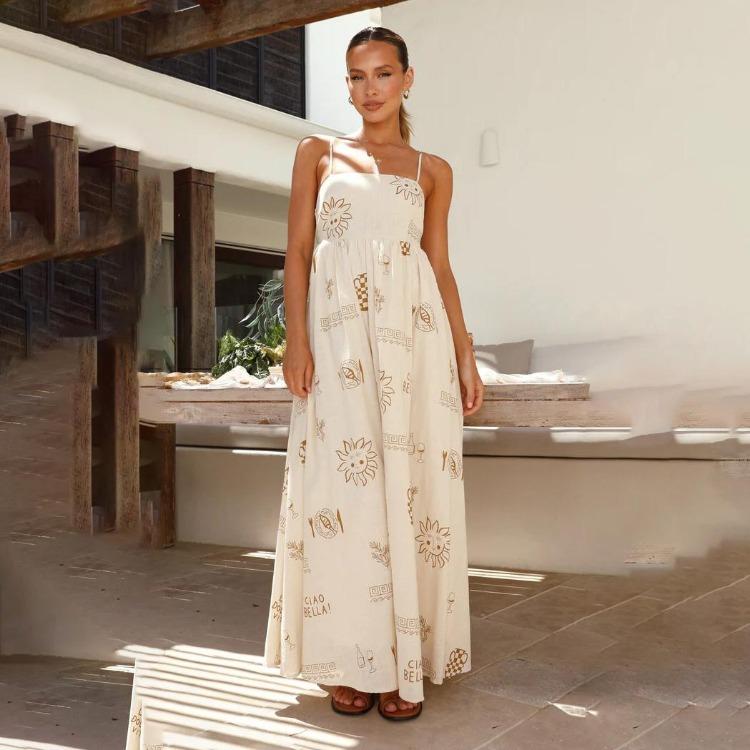 Summer Women Sleeveless Backless Print Slim A-Line High Waist Suspender Camisole Dress Long Casual Dresses S-XL Spring Fashion