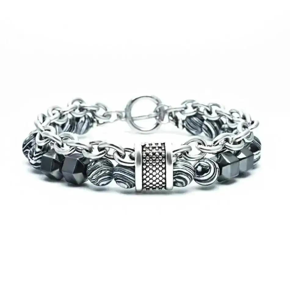 1 Pcs Rock Bead Gemstones Bangles Jewelry Making Stainless Steel Charm Natural Stone Beads Bracelet For Men