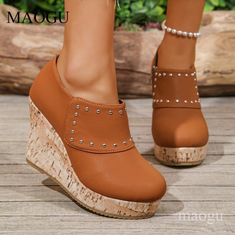 Women's Studded Platform Wedges Ankle Boots Slip-On Side Zipper Booties 2026 New Woman High Heel Pumps Zapatos Para Mujer