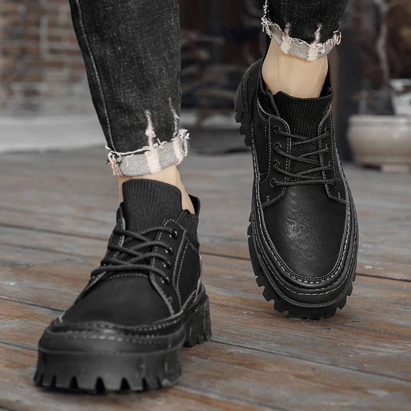 Designer Men's Genuine Leather Shoes Fashion High Top Shoes Winter Ankle Boots Men's Work Wear Shoes Thick Sole Elevated Shoes