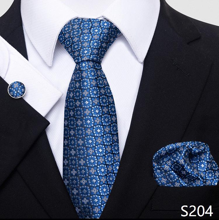 Men's 8cm Solid & Polka Dot Plaid Tie Set with Cufflinks & Pocket Square