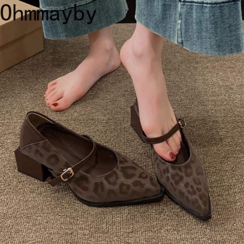 Spring New Pointed Toe Women Mary Jane Shoes Concise Shallow Buckle Shoes Ladies Elegant Leopard Thick Heel Dress Shoes