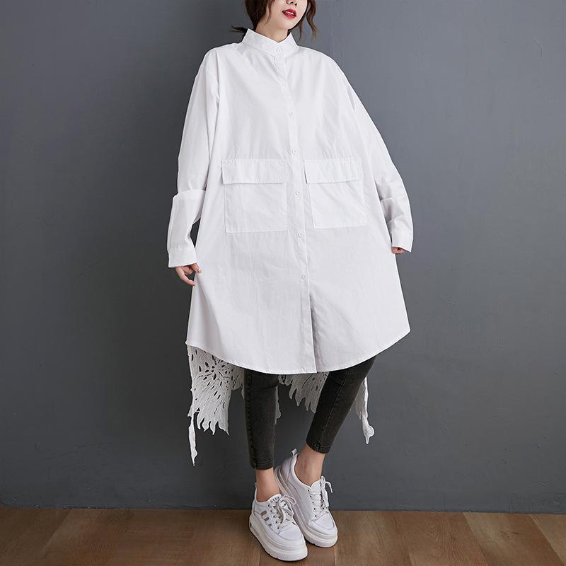 Tannt Women Shirt Asymmetry Lace Patchwork Long Oversize Blouse Tops Irregular Hollow Out Black White Shirt Women