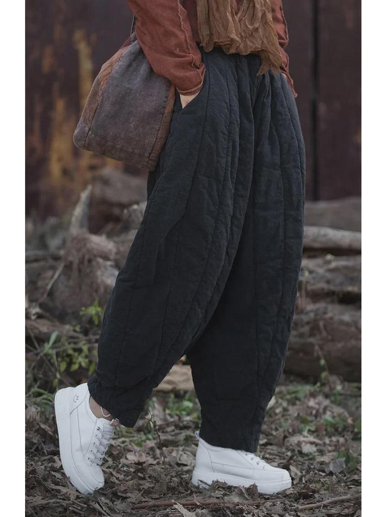 Women's Quilted Cotton-Linen Bloomers: Warm, Loose Carrot Pants for Autumn/Winter