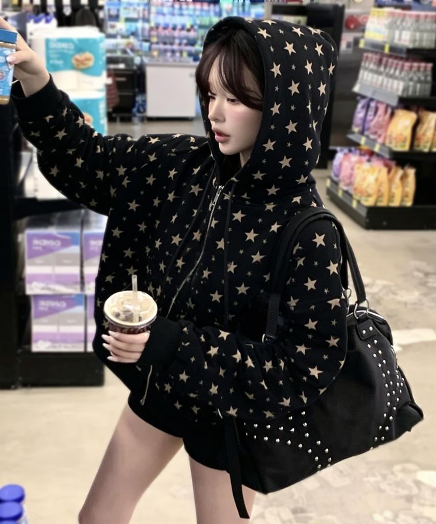 Nombre Signature Star Pintuck Zip-Up Hoodie [Black]
