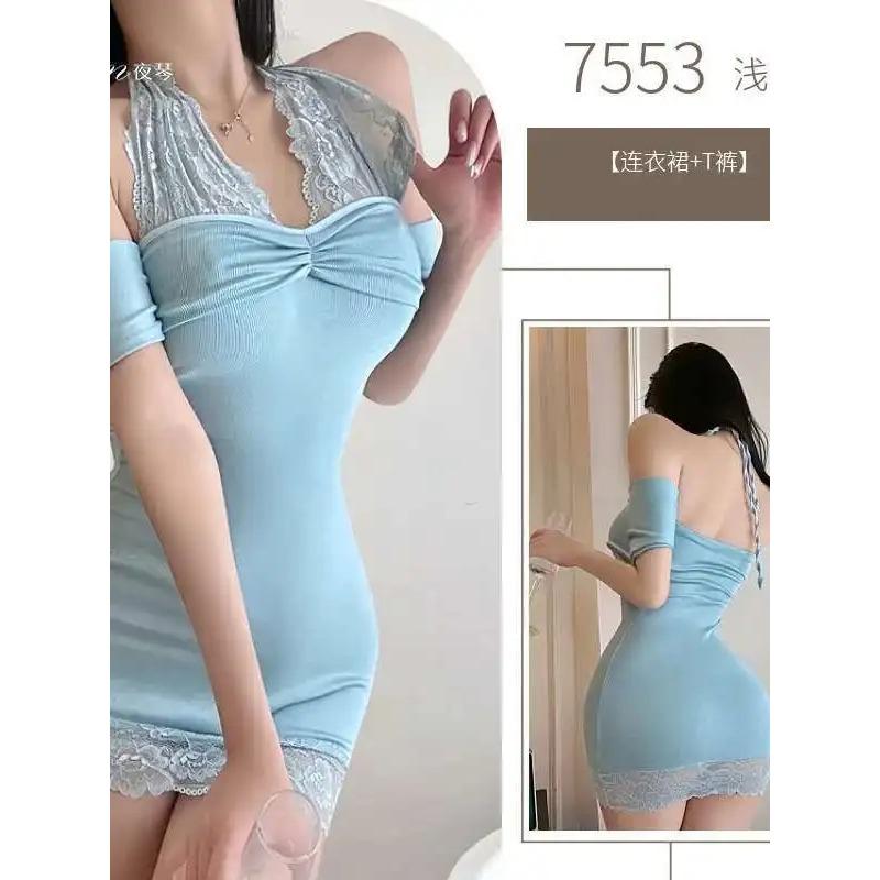 Mesh Lace Blue Tank Mini Dress T Shirt Fahsion Women Tops 2025 New Sexy Pure Desire Halter Nightdress Uniform Dress Elegant CAG4