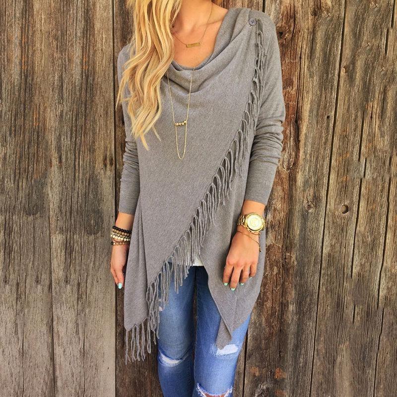 Elegant Women's Irregular Tassel Cardigan Sweater Poncho Shawl With Classic Design