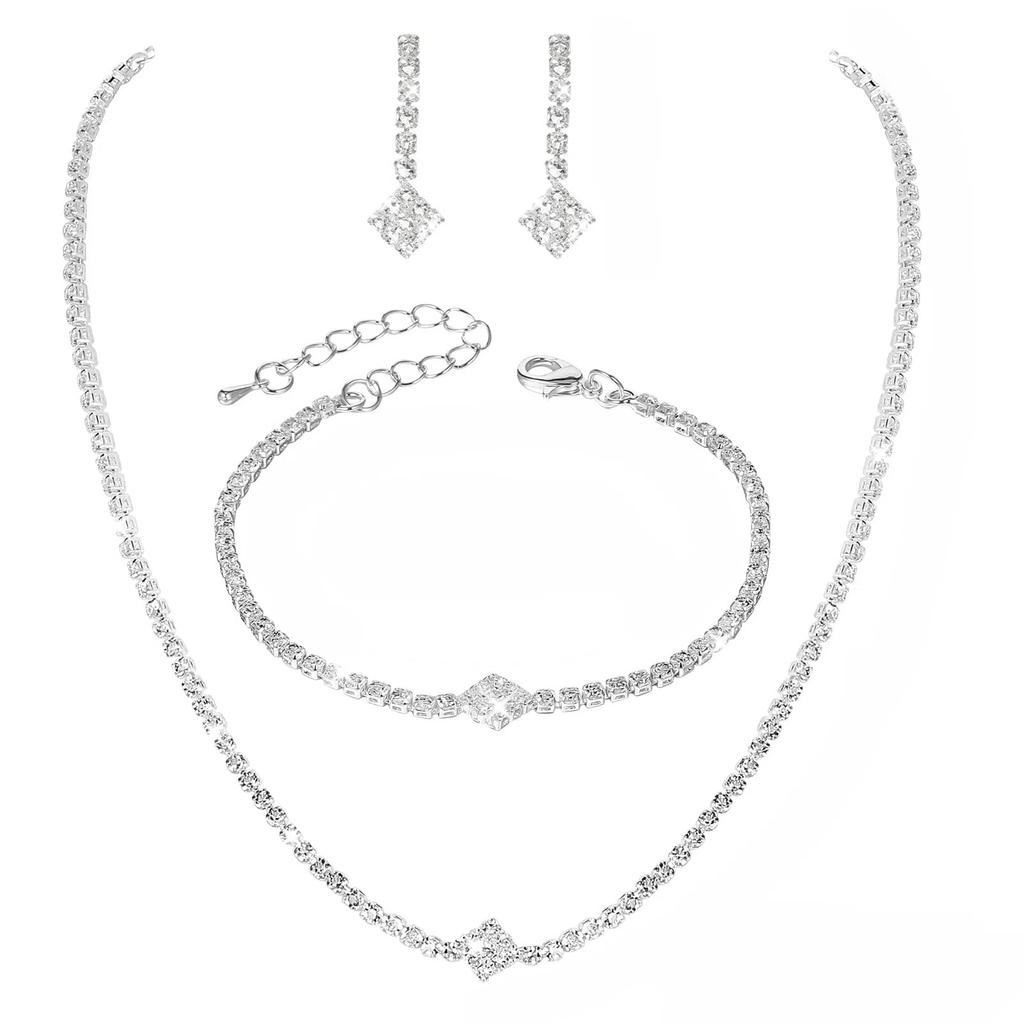 Shiny Rhinestone Necklace and Earrings Set Simple Geometric Trendy Jewelry for Women Silver Gold Rose Gold Black