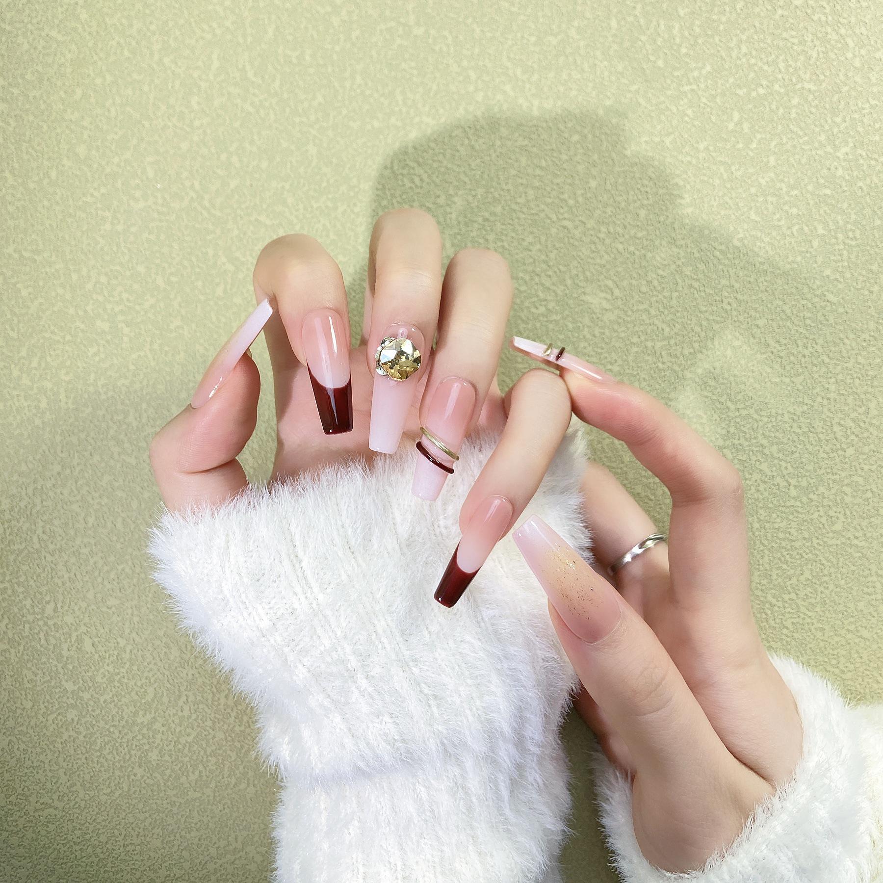 Wine Red Luxury Nail Tips with Rhinestones - Retro Style, Skin-Brightening and Handmade Fashionable Nail Art