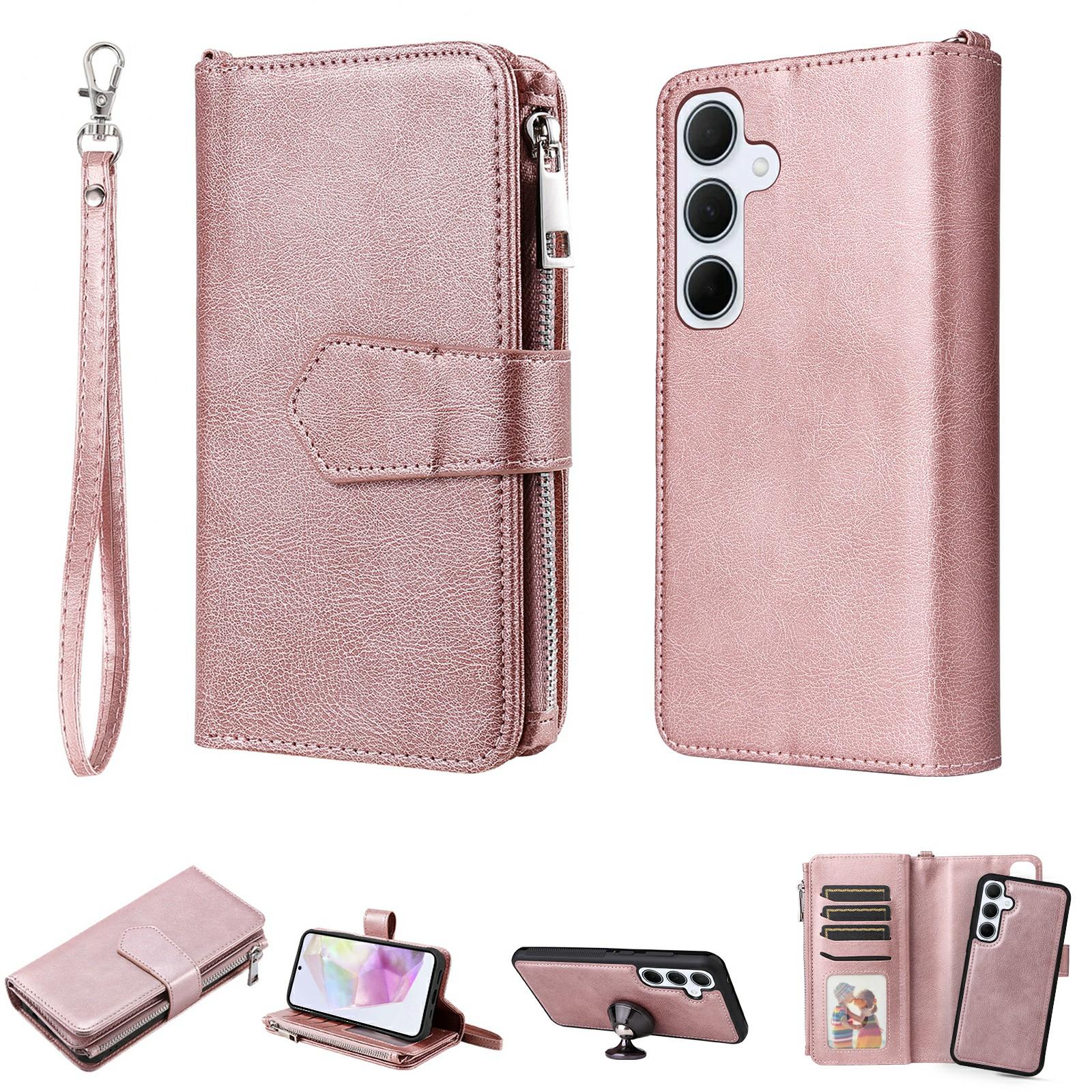 

For Samsung Galaxy A35 5G Magnetic Leather Case Mobile Cover with Detachable Zipper Wallet Strap Rose Gold