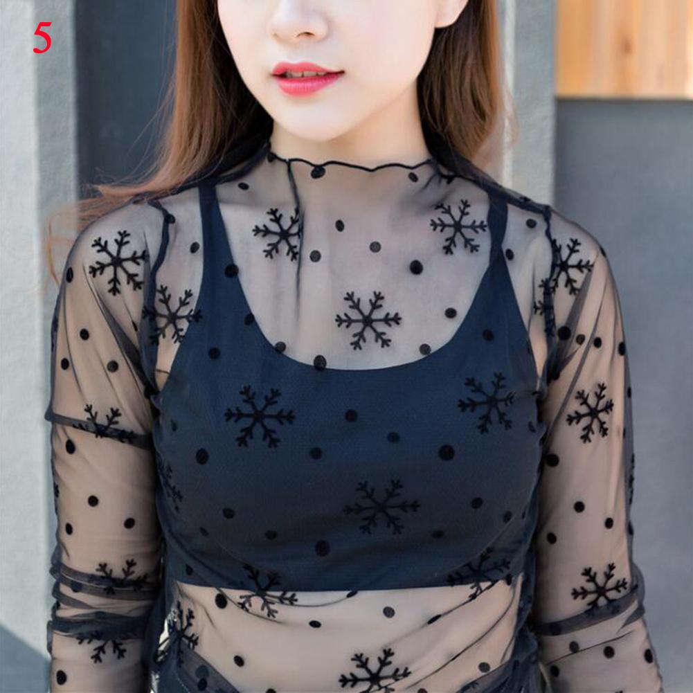 Black Sexy Women's T-shirt Fishnet Sheer Transparent Top Women Long Sleeve Bottoming Shirts Lace Mesh Tees Summer Sunscreen Tops