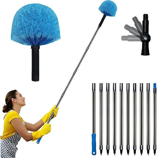 12 Ft Duster, Cobweb Duster with Extension Pole, Medium Stiff Bristles Cobweb Duster Head & 12-Feet Stainless Steel Pole Ceiling Fan Duster with 12 feet