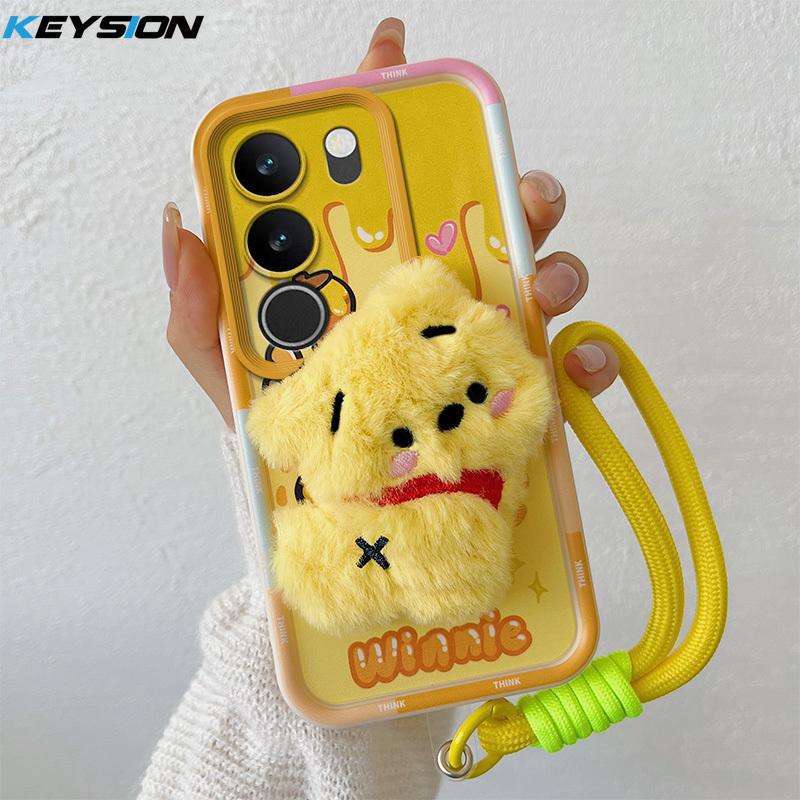 KEYSION Cute 3D Cartoon Plush Case for VIVO V29 5G with Lanyard Soft Silicone Shockproof Phone Back Cover for VIVO V29 5G