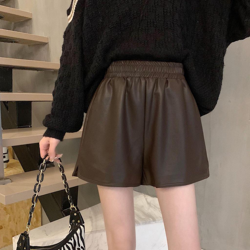 Women's High-Waisted PU Leather A-Line Shorts - Winter 2024, Versatile Wide-Leg Bootcut Pants