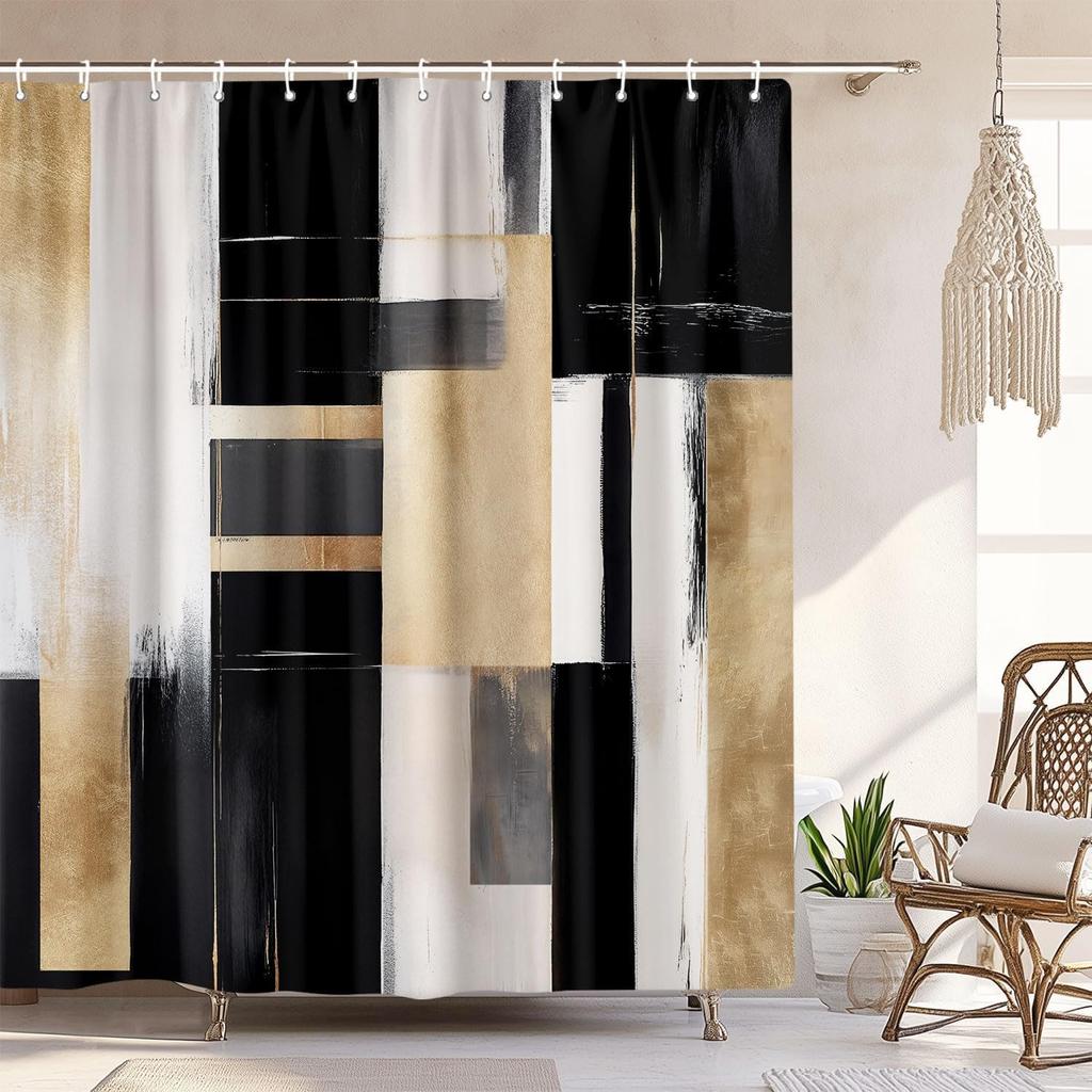 Black Gold Abstract Shower Curtain, Boho Modern Aesthetic, Oil Painting Neutral Art, Fabric Bathroom Set With Hooks