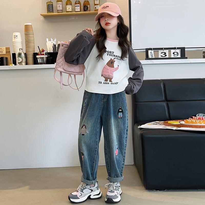 Girls' Jeans Dad's Pants Stylish Embroidery Straight Tube Radish Girls' Big Boys' Harem Pants