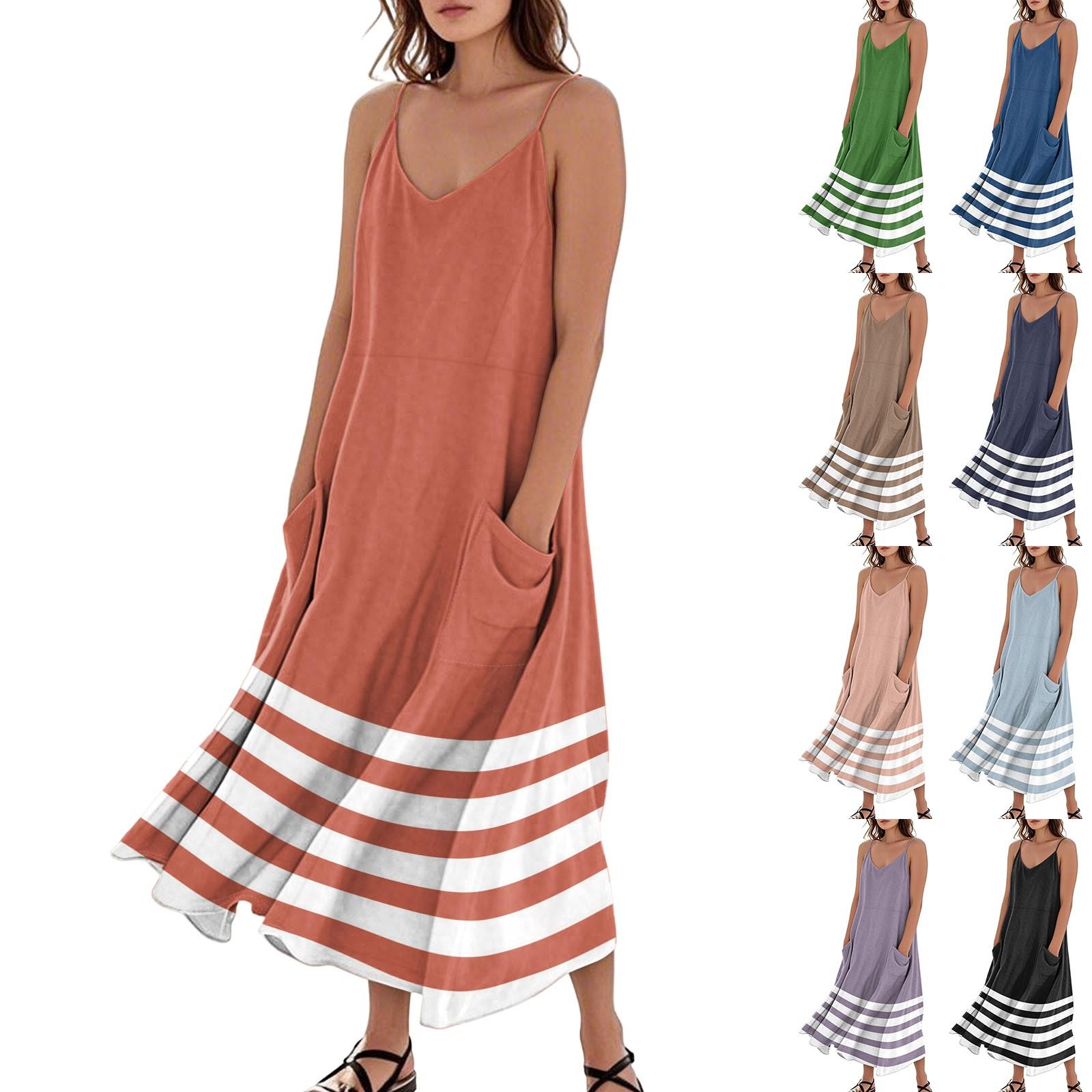 

Women s Fashion Casual Striped Print Sleeveless Pocket Long Beach Dress L чорний