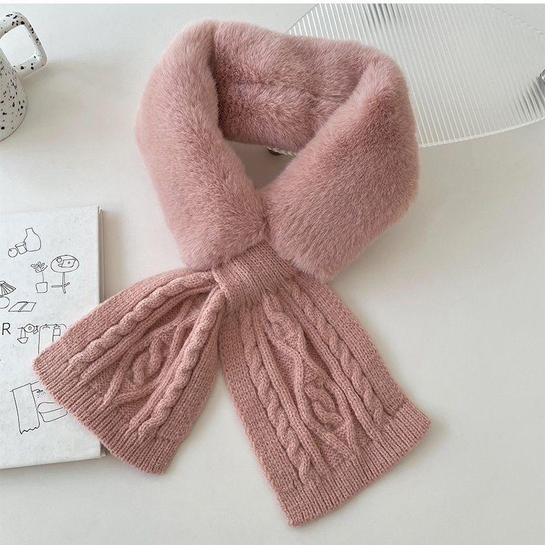 Knitted Scarf Women's Autumn and Winter Knitted Versatile Plush Imitation Rex Rabbit Fur Cross Scarf Solid Color Thickened Neck Guard Fur Collar