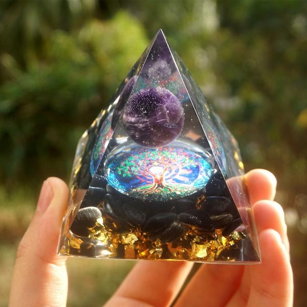 Handmade Magic Orgonite Pyramid 60mm Amethyst Crystal Sphere with Obsidian Natural Cristal Stone Orgone Energy Healing Reiki Chakra Multiplier