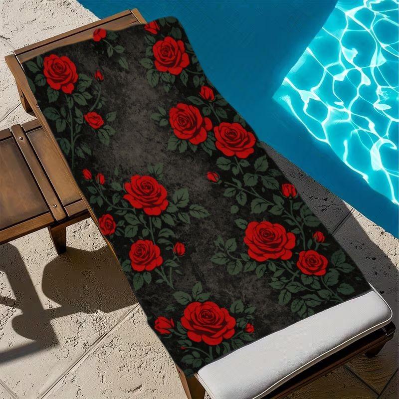 Vintage Red Rose Floral On Dark Background Beach Towel Lightweight Quick Dry Microfiber Towel For Beach Pool Bath Travel Daily
