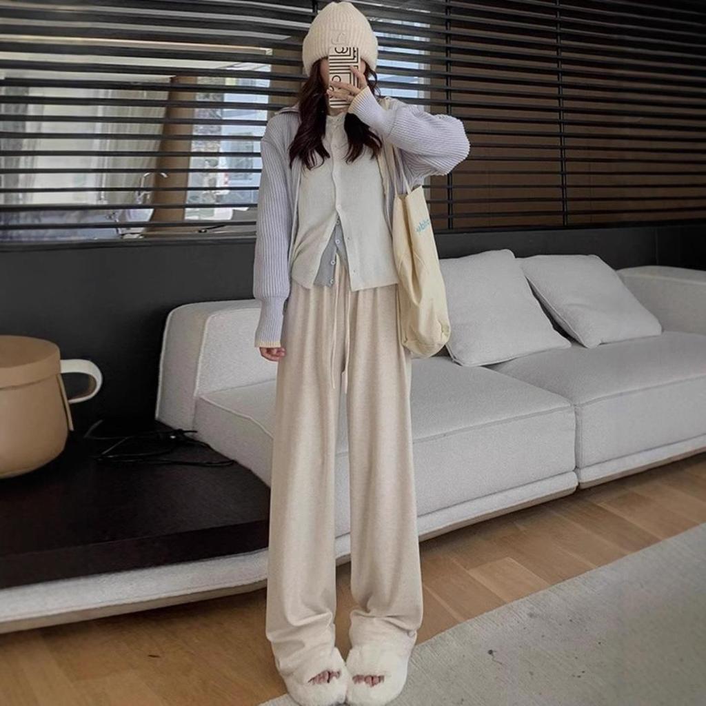 Women's Gray High-Waisted Slimming Wide-Leg Lazy Pants for Spring & Autumn