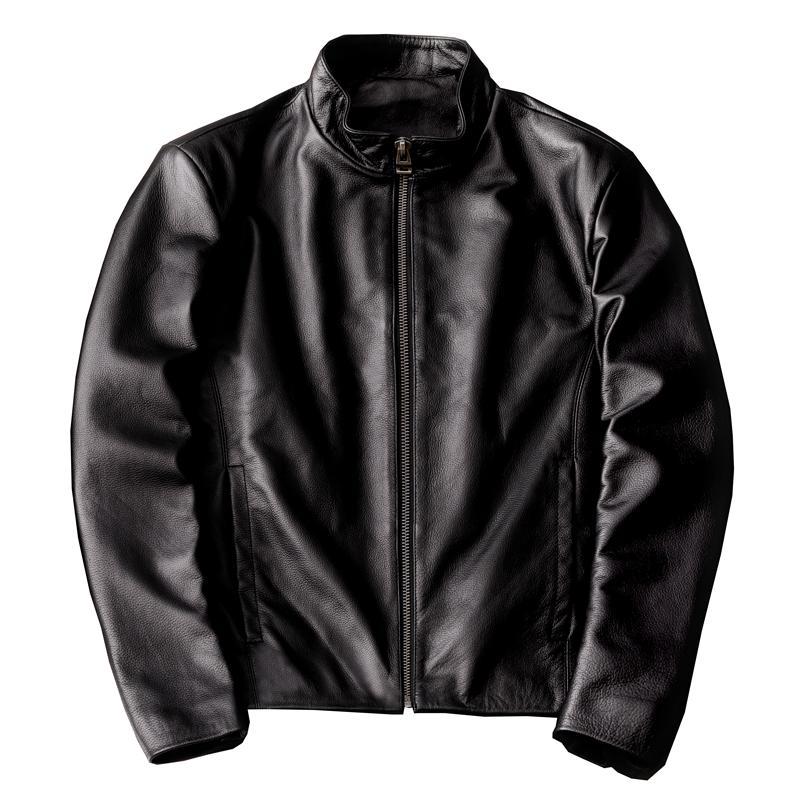 Genuine Leather Jacket Men Short Slim Fit Stand Collar Real Cowhide Biker Coat Casual Outerwear