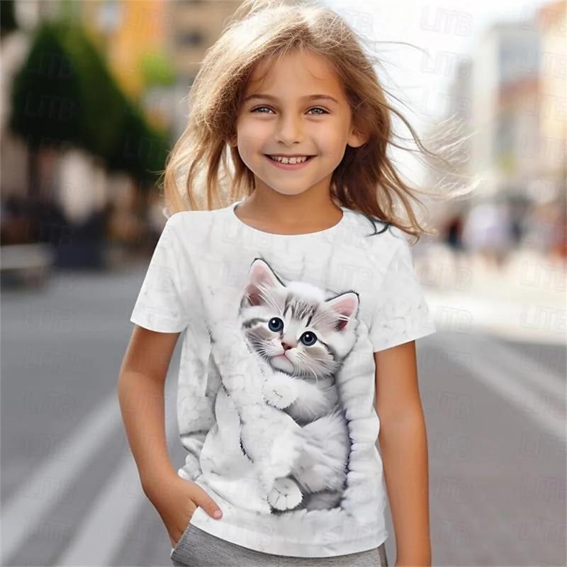 Cute Cat 3D Printed Fun Children's Clothing Baby Girl T-shirt Summer Casual Short Sleeved Cool Girl T-shirt Lightweight Breathab