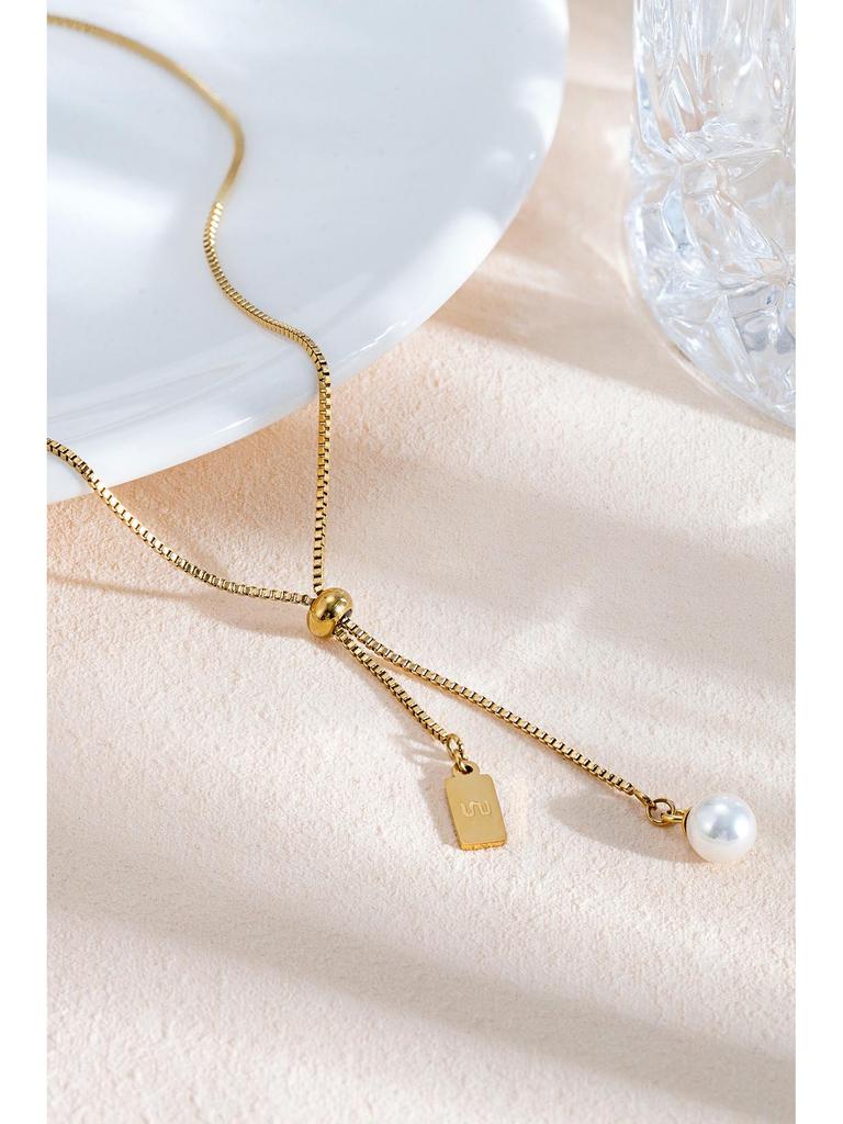 18K Gold-Plated Pearl Necklace with Adjustable Drawstring - Titanium Steel Clavicle Chain for Women