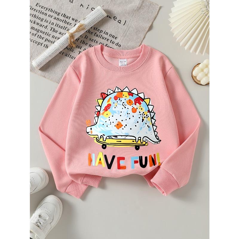 Youth Crewneck Sweatshirt Featuring a Vibrant Dinosaur And Car Design, Easy To Wash, Suitable for Spring And Fall, Ideal for Sports And Casual Outfits