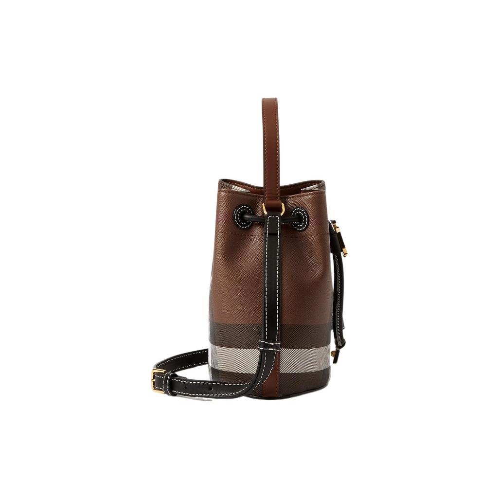 Burberry TB Exclusive Logo Lock Series Drawstring Closure Checkered Cotton And Leather Bucket Bag Mini Women bags Deep-Walnut-Brown 80662131