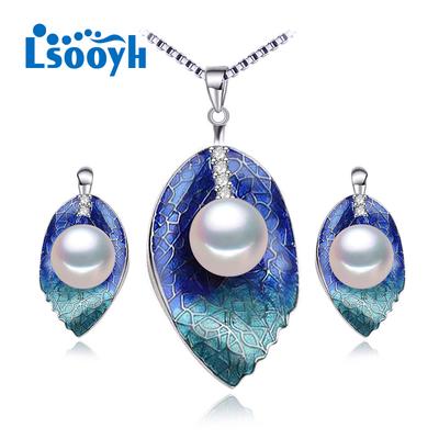 LSOOYH Orecchini di perle d'acqua dolce naturali cloisonne Collana di foglie di moda per donne Set di gioielli di perle