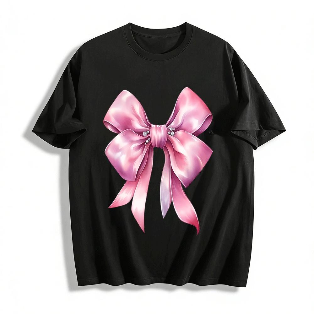 

Pearl Decor Pink Satin Bow Print Sweet Casual Top Pure cotton T-shirt XXS
